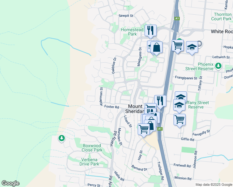 map of restaurants, bars, coffee shops, grocery stores, and more near Woodrose Drive in Mount Sheridan