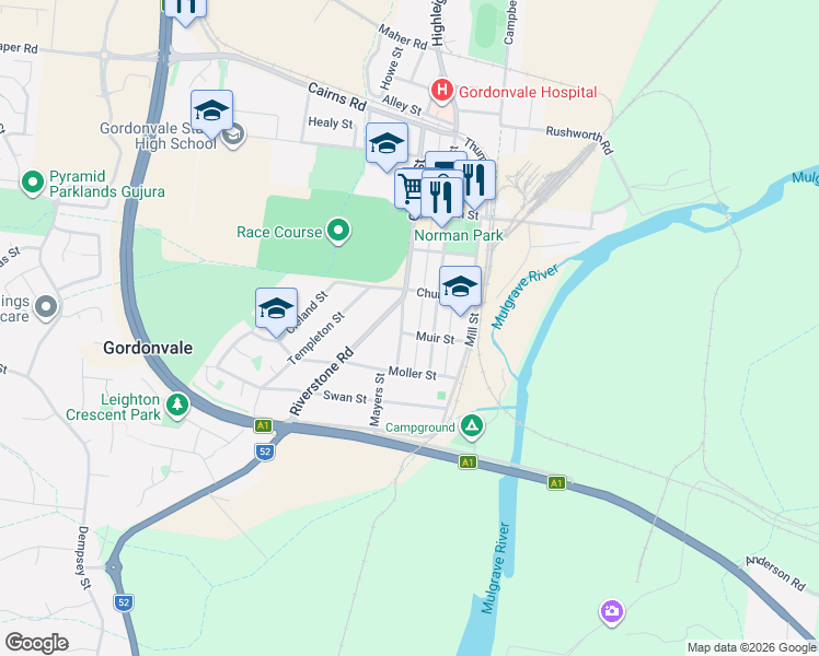 map of restaurants, bars, coffee shops, grocery stores, and more near 28 Muir Street in Gordonvale