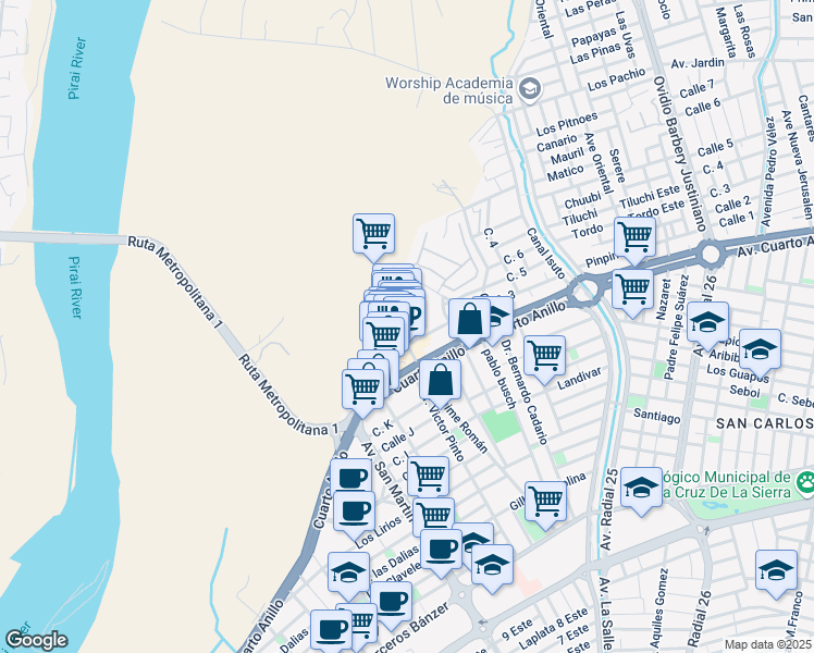 map of restaurants, bars, coffee shops, grocery stores, and more near No 4 Avenida San Martín in Santa Cruz de la Sierra