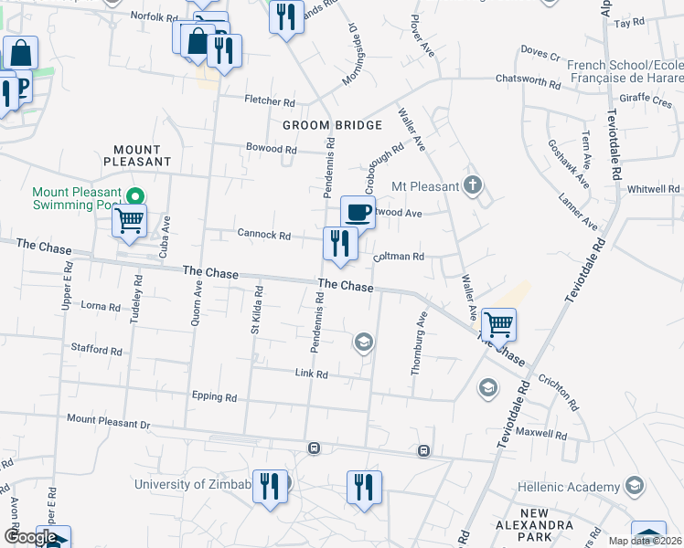 map of restaurants, bars, coffee shops, grocery stores, and more near Pendennis Road in Harare