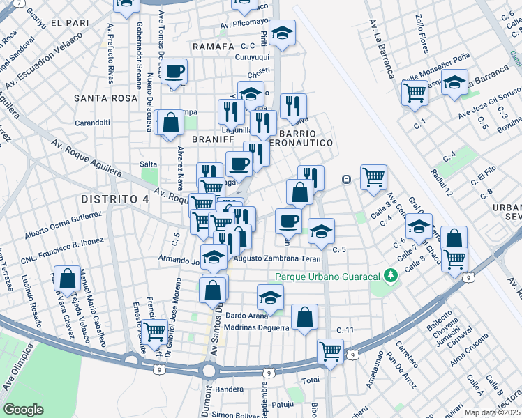 map of restaurants, bars, coffee shops, grocery stores, and more near Avenida Mario R. Gutiérrez in Santa Cruz de la Sierra