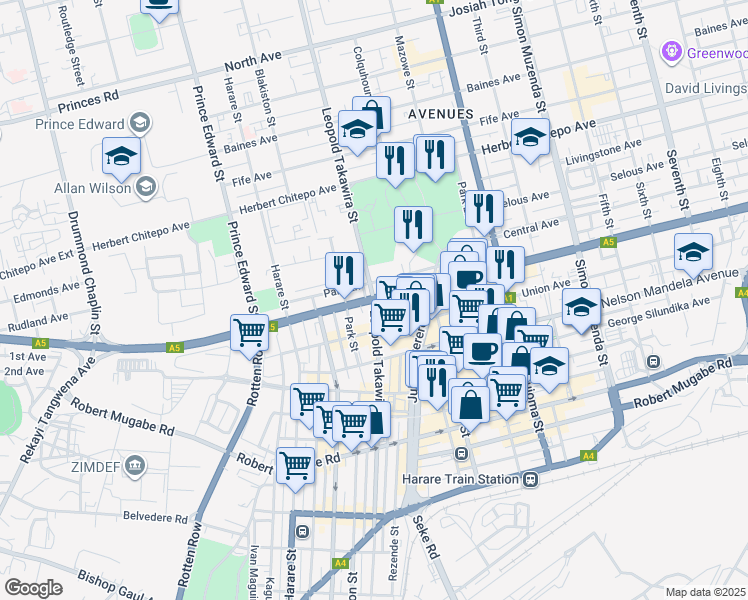 map of restaurants, bars, coffee shops, grocery stores, and more near Samora Machel Avenue in Harare