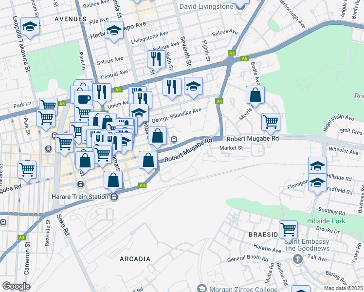 map of restaurants, bars, coffee shops, grocery stores, and more near 103 Robert Mugabe Road in Harare