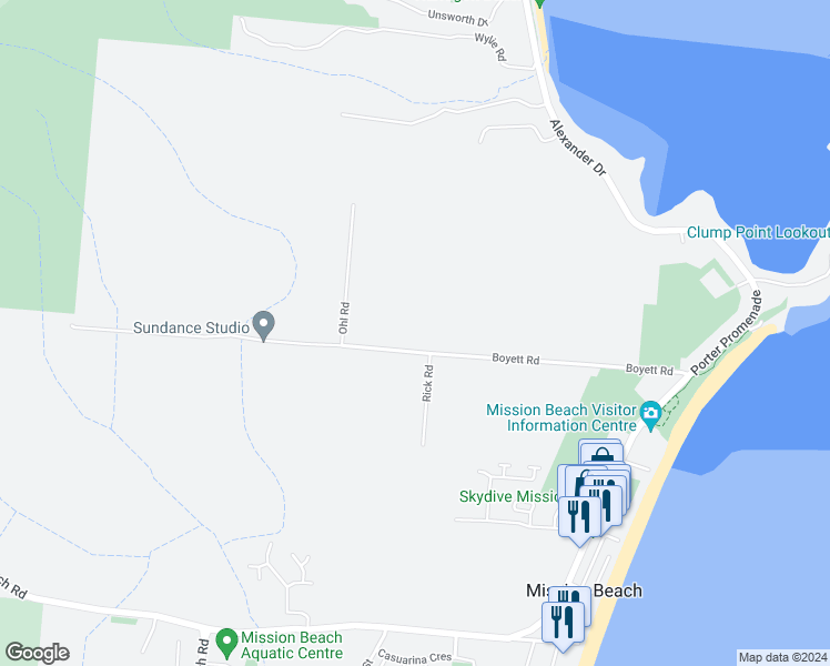 map of restaurants, bars, coffee shops, grocery stores, and more near 104 Boyett Road in Mission Beach