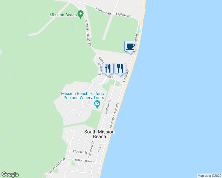 map of restaurants, bars, coffee shops, grocery stores, and more near 67 Seafarer Street in South Mission