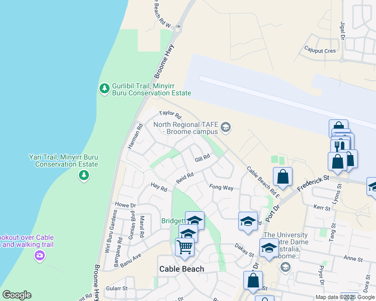 map of restaurants, bars, coffee shops, grocery stores, and more near 3 McKenzie Road in Cable Beach