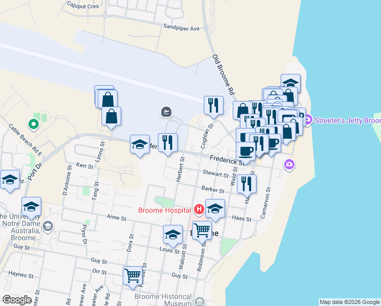 map of restaurants, bars, coffee shops, grocery stores, and more near Frederick Street in Broome