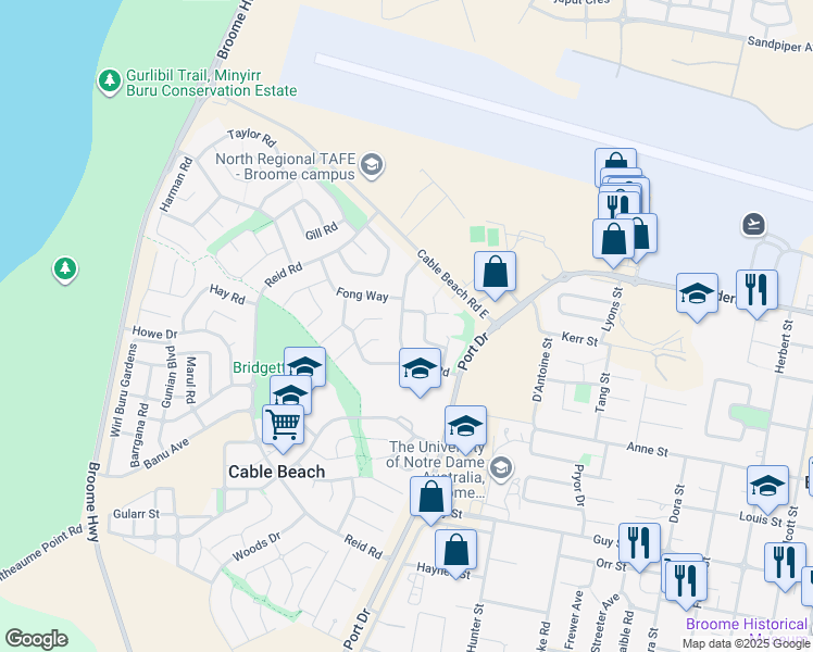 map of restaurants, bars, coffee shops, grocery stores, and more near 28 Taiji Road in Cable Beach