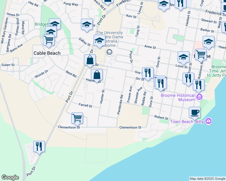 map of restaurants, bars, coffee shops, grocery stores, and more near Gregory Street in Broome