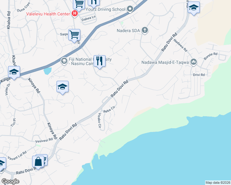 map of restaurants, bars, coffee shops, grocery stores, and more near Ratu Dovi Road in Suva