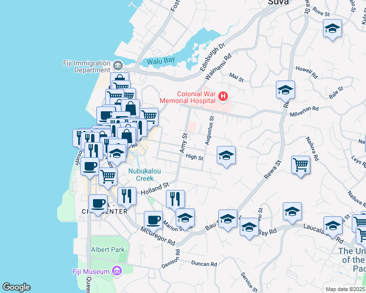 map of restaurants, bars, coffee shops, grocery stores, and more near Amy Street in Suva