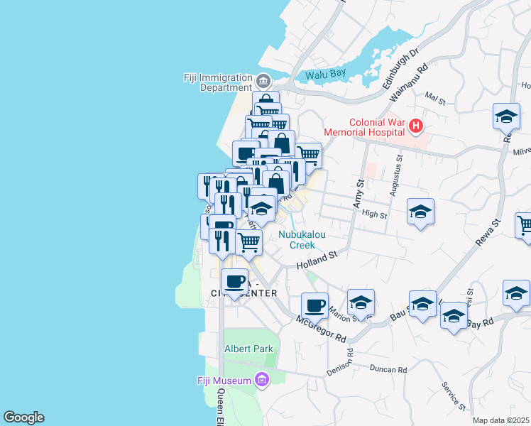 map of restaurants, bars, coffee shops, grocery stores, and more near Ellery St in Suva