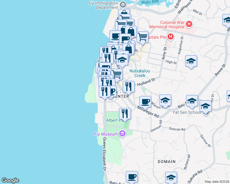 map of restaurants, bars, coffee shops, grocery stores, and more near Goodenough Street in Suva