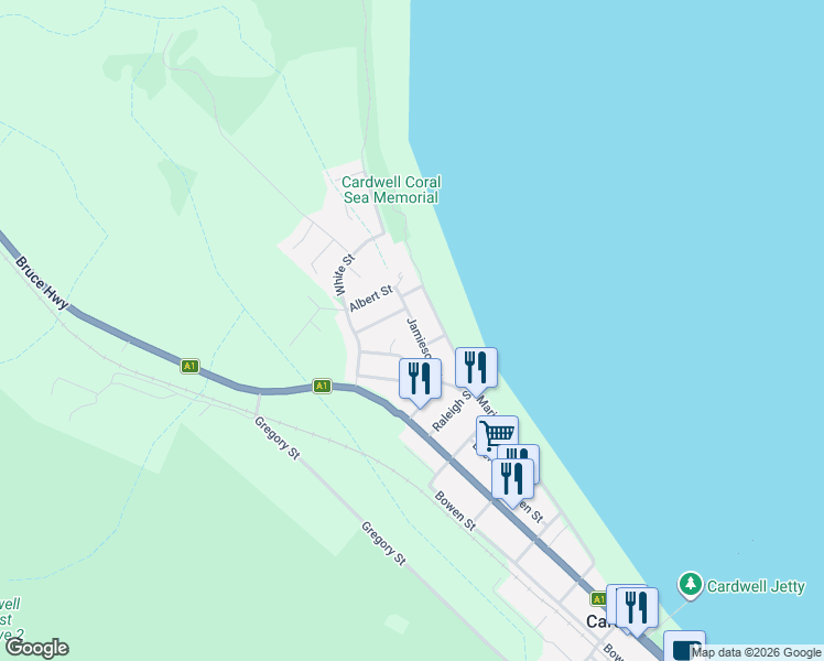map of restaurants, bars, coffee shops, grocery stores, and more near 29 Jamieson Street in Cardwell