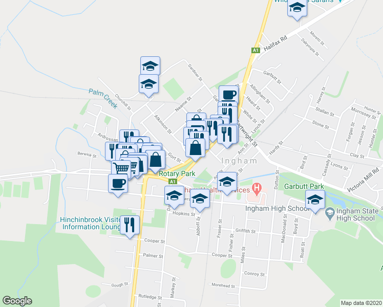 map of restaurants, bars, coffee shops, grocery stores, and more near 2 Haig Street in Ingham