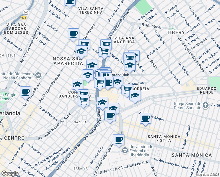 map of restaurants, bars, coffee shops, grocery stores, and more near 1331 Avenida João Naves de Ávila in Uberlândia