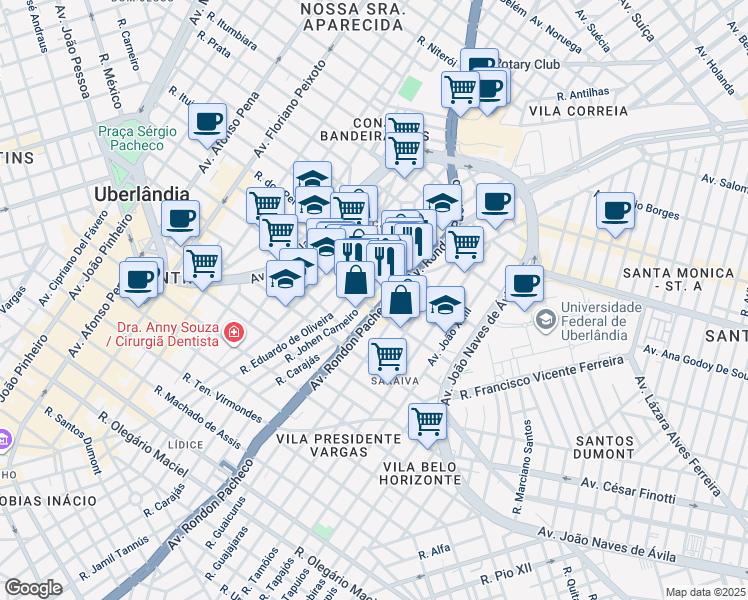 map of restaurants, bars, coffee shops, grocery stores, and more near 3535 Avenida Rondon Pacheco in Uberlândia