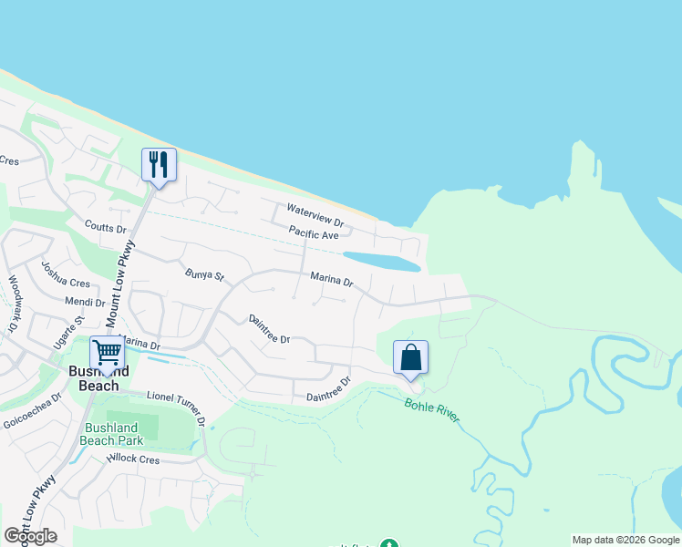 map of restaurants, bars, coffee shops, grocery stores, and more near 71 Marina Drive in Bushland Beach