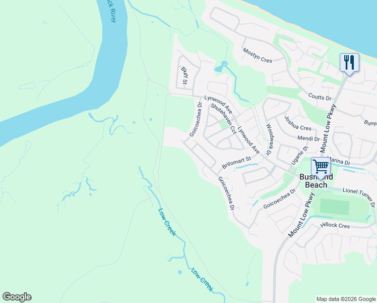 map of restaurants, bars, coffee shops, grocery stores, and more near 131 Goicoechea Drive in Bushland Beach