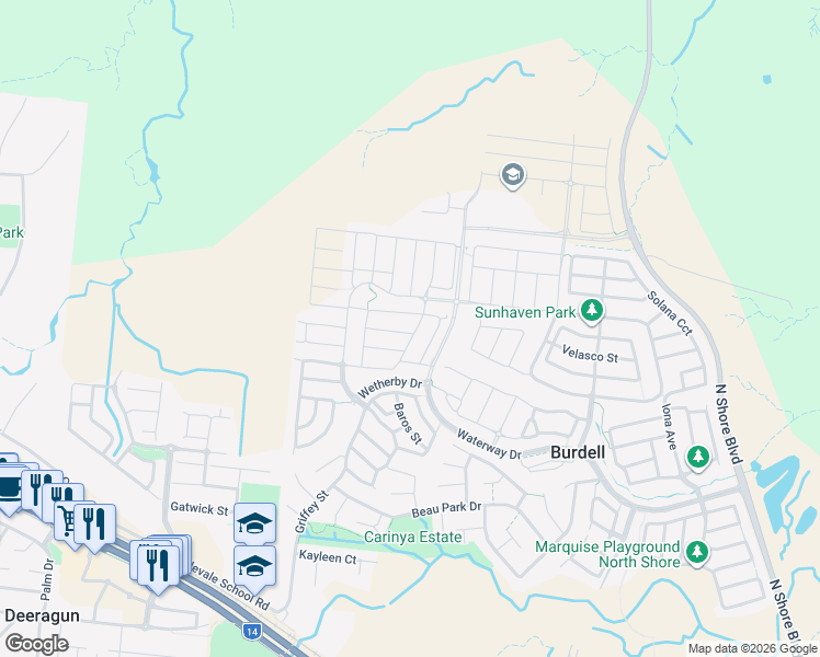 map of restaurants, bars, coffee shops, grocery stores, and more near 37 Trevalla Entrance in Burdell