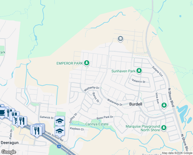 map of restaurants, bars, coffee shops, grocery stores, and more near 2 Trevalla Entrance in Burdell