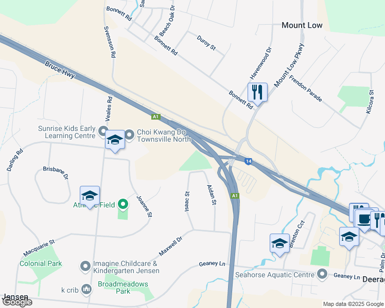 map of restaurants, bars, coffee shops, grocery stores, and more near 1 Bruce Highway in Deeragun