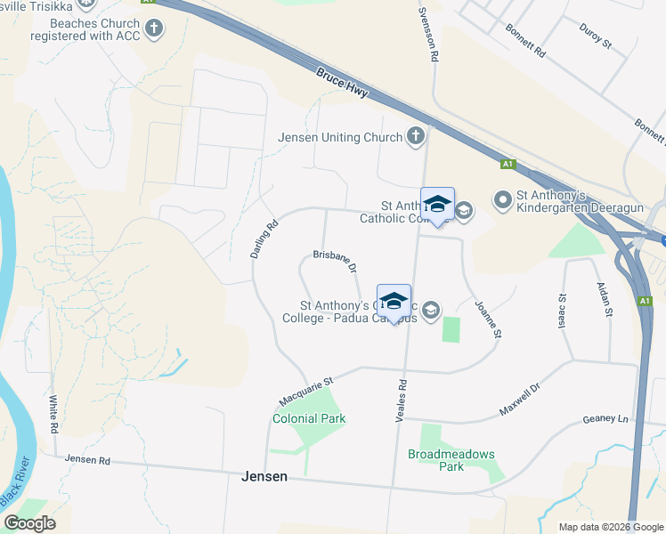 map of restaurants, bars, coffee shops, grocery stores, and more near 22 Brisbane Drive in Jensen