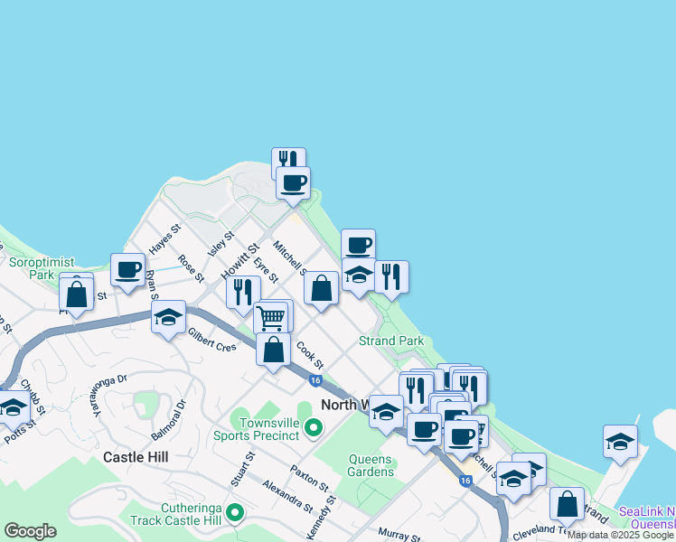 map of restaurants, bars, coffee shops, grocery stores, and more near 103 The Strand in North Ward
