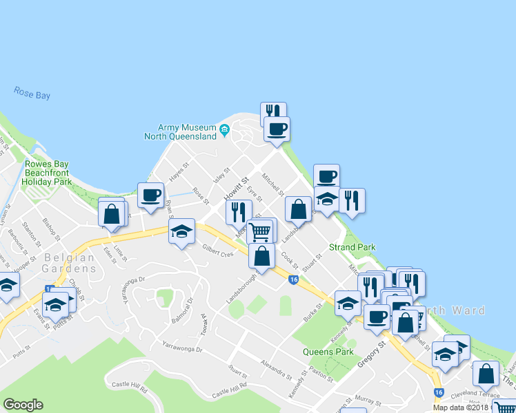 map of restaurants, bars, coffee shops, grocery stores, and more near 126 Eyre Street in North Ward