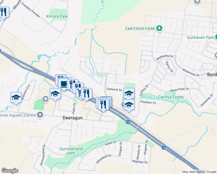 map of restaurants, bars, coffee shops, grocery stores, and more near 3 Gatwick Street in Burdell