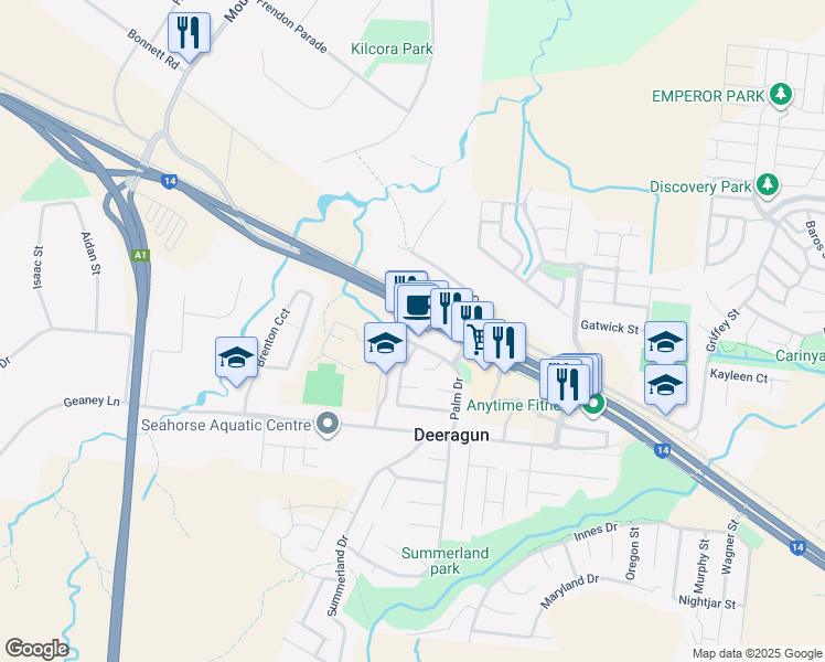 map of restaurants, bars, coffee shops, grocery stores, and more near 28 Palm Drive in Deeragun