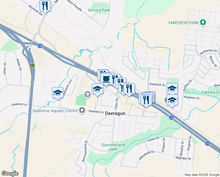 map of restaurants, bars, coffee shops, grocery stores, and more near 28 Palm Drive in Deeragun