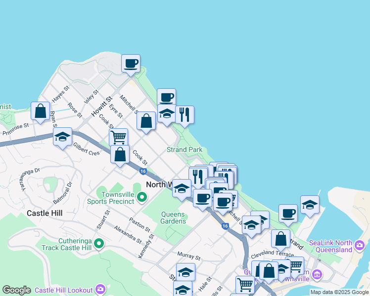 map of restaurants, bars, coffee shops, grocery stores, and more near 37-43 The Strand in North Ward