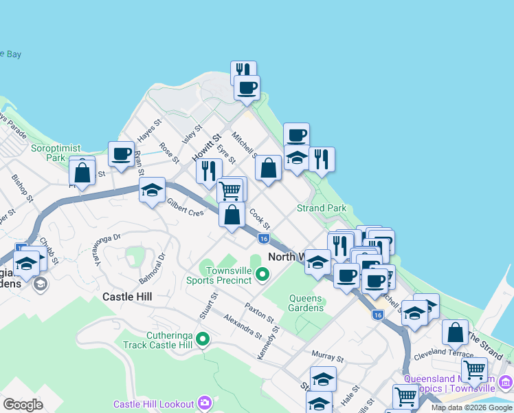 map of restaurants, bars, coffee shops, grocery stores, and more near 39 Cook Street in North Ward