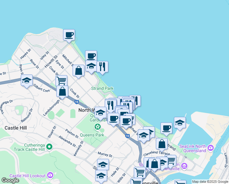 map of restaurants, bars, coffee shops, grocery stores, and more near 37-43 The Strand in North Ward
