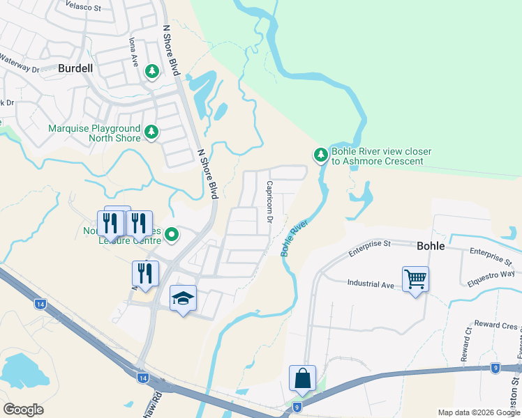 map of restaurants, bars, coffee shops, grocery stores, and more near 34 Dampier Crescent in Burdell