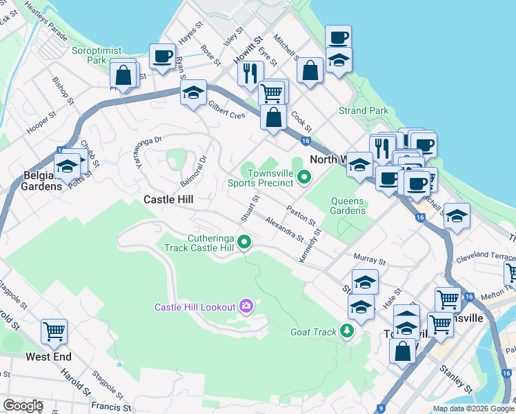 map of restaurants, bars, coffee shops, grocery stores, and more near 44 Alexandra Street in North Ward