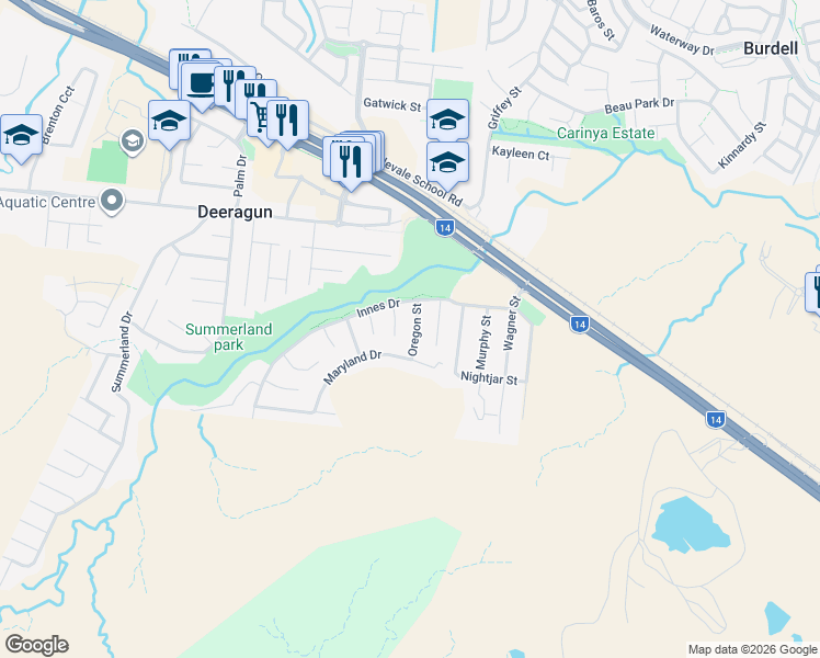 map of restaurants, bars, coffee shops, grocery stores, and more near 10 Oregon Street in Deeragun