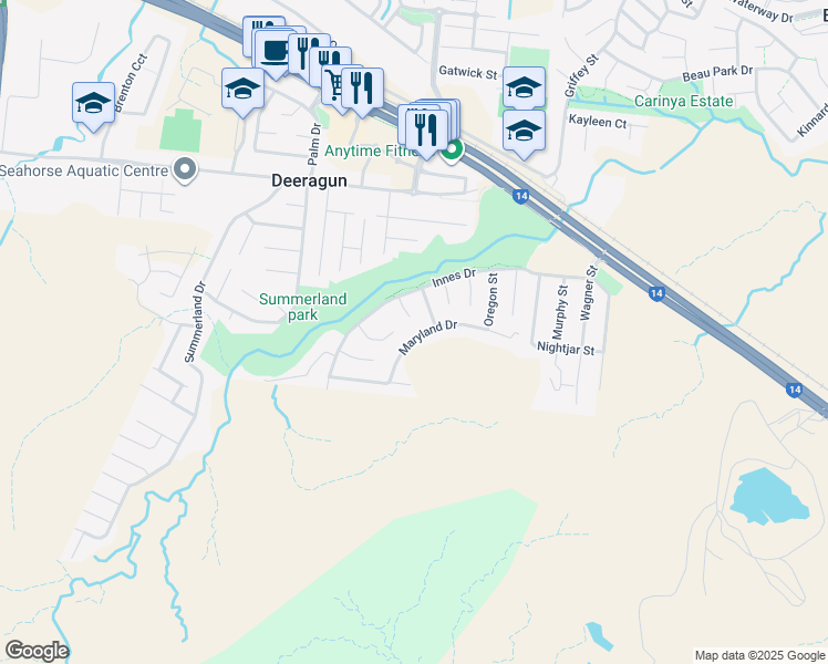 map of restaurants, bars, coffee shops, grocery stores, and more near 23 Maryland Drive in Deeragun