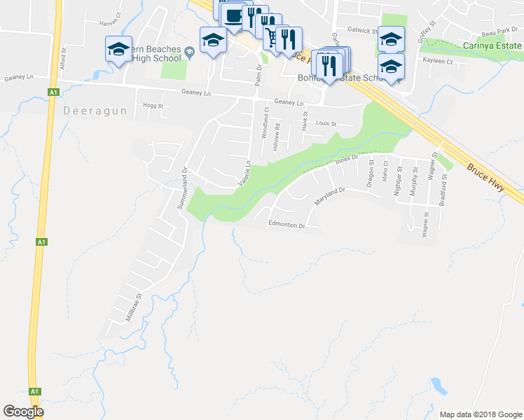map of restaurants, bars, coffee shops, grocery stores, and more near Orillia Court in Deeragun