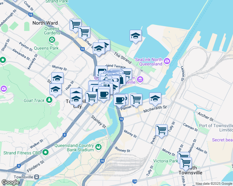 map of restaurants, bars, coffee shops, grocery stores, and more near 5 Denham Street in Townsville City
