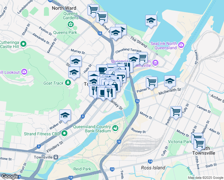 map of restaurants, bars, coffee shops, grocery stores, and more near 373 Flinders Street in Townsville