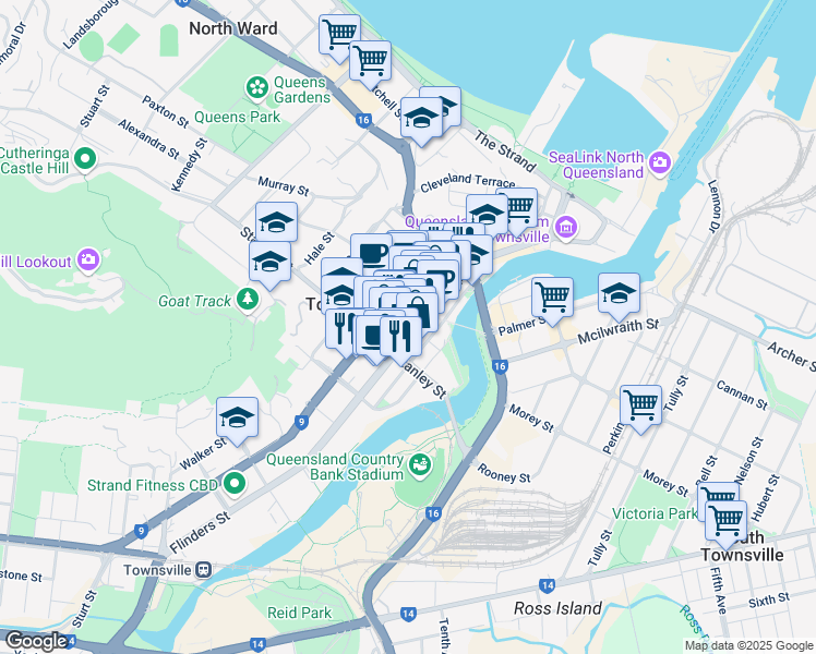 map of restaurants, bars, coffee shops, grocery stores, and more near 373 Flinders Street in Townsville