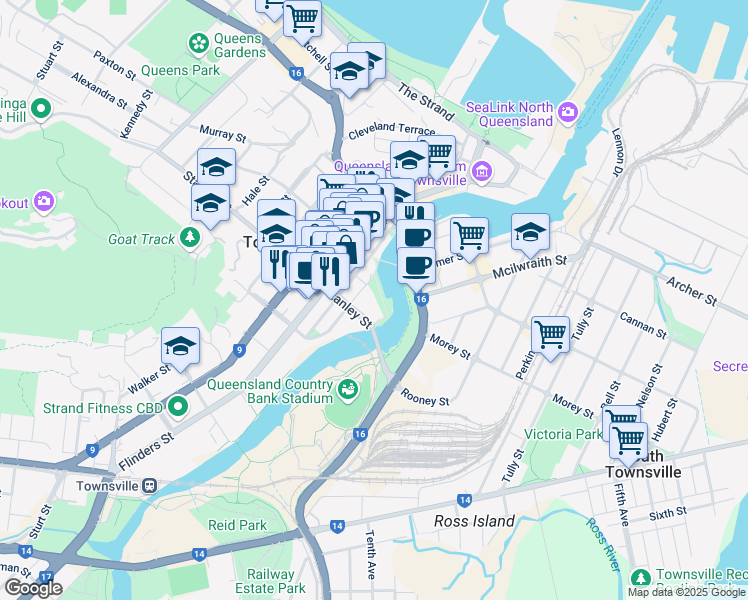 map of restaurants, bars, coffee shops, grocery stores, and more near 11 Stanley Street in Townsville