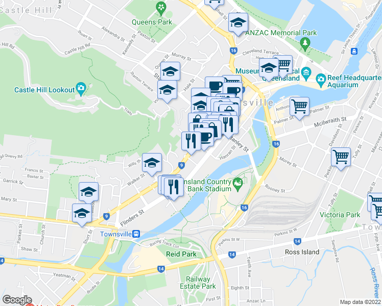 map of restaurants, bars, coffee shops, grocery stores, and more near 330 Sturt Street in Townsville