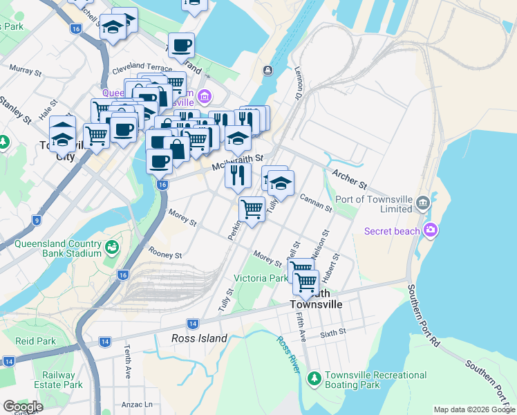 map of restaurants, bars, coffee shops, grocery stores, and more near 93 Perkins Street in South Townsville