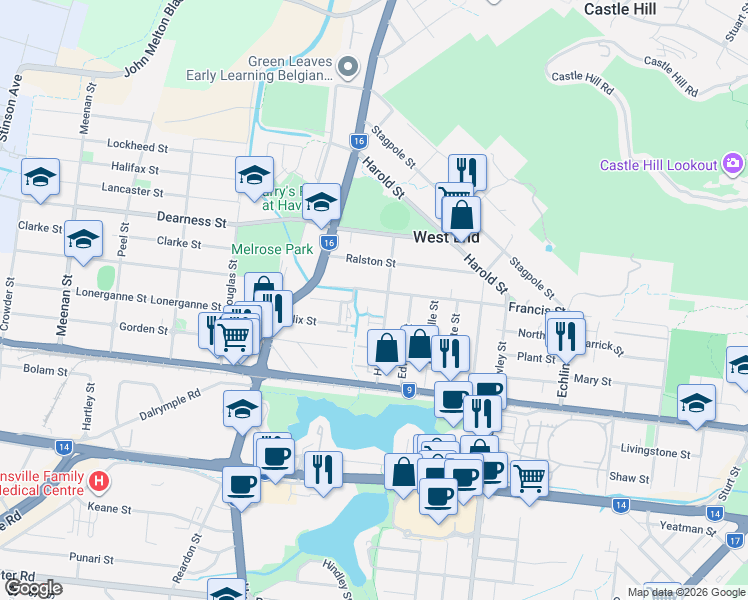 map of restaurants, bars, coffee shops, grocery stores, and more near 160 Francis Street in West End