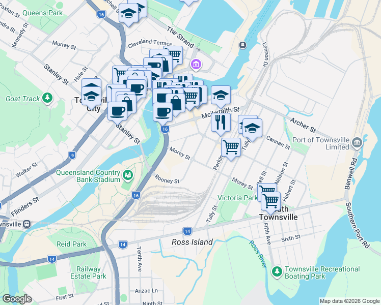 map of restaurants, bars, coffee shops, grocery stores, and more near 38 Morehead Street in South Townsville