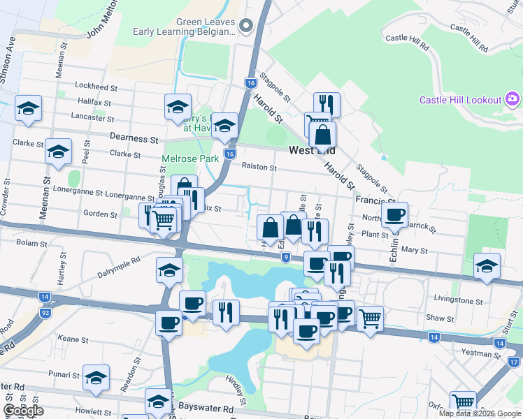 map of restaurants, bars, coffee shops, grocery stores, and more near 32 Henry Street in West End