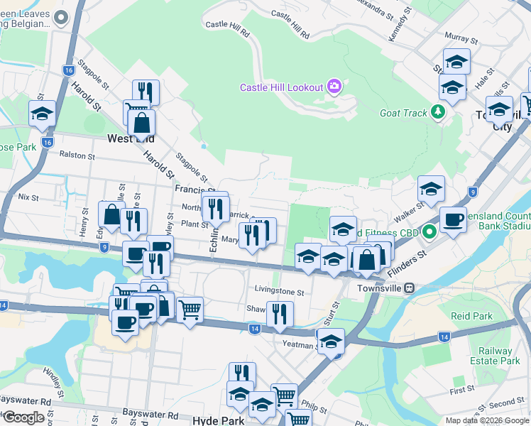 map of restaurants, bars, coffee shops, grocery stores, and more near 16 Baxter Street in West End